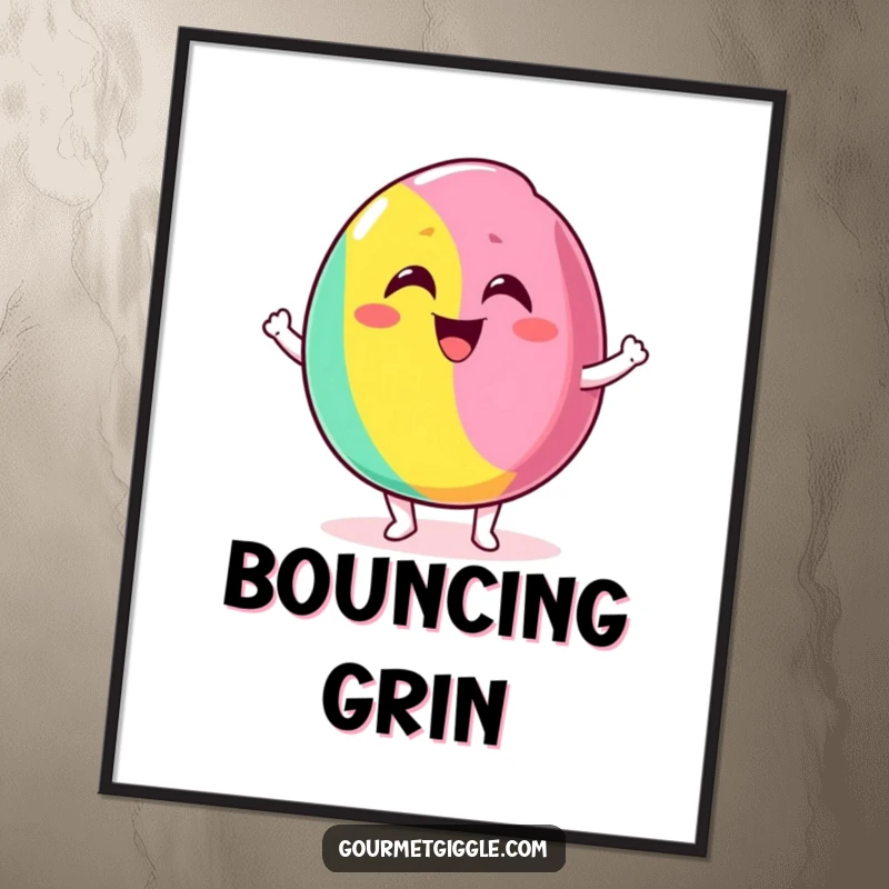 Funny poster print of a delighted candy with a silly grin bouncing excitedly, adding sweet, energetic humor to walls.