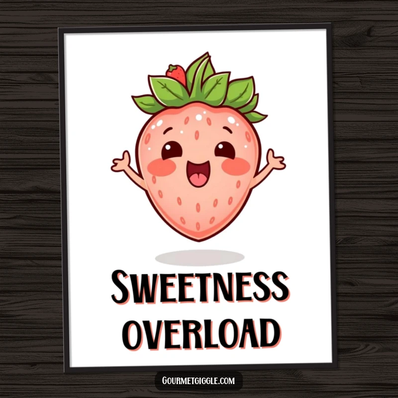 Funny excited strawberry with a leafy crown, depicted bouncing with mirth as cheerful wall art on a poster.
