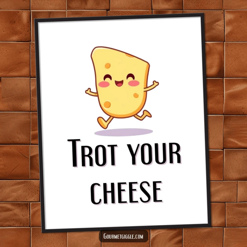 Funny cheese slice character poster, a happy, round cheese piece in a wobbly trot, perfect for playful wall decor.