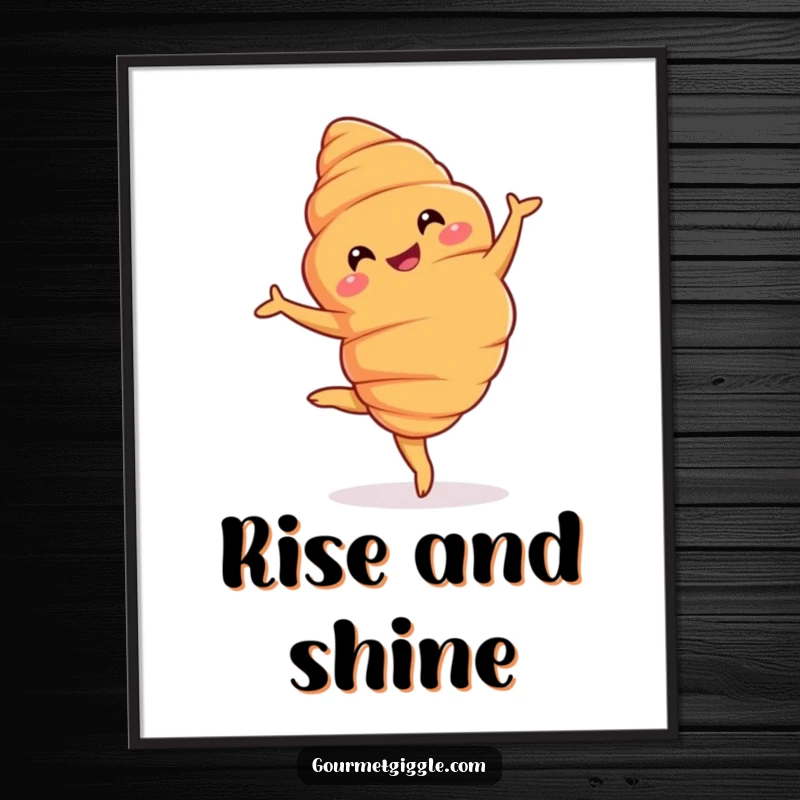 Funny Poster: A grinning croissant captured mid-pirouette, showcasing buttery layers and delightful artistic movement.