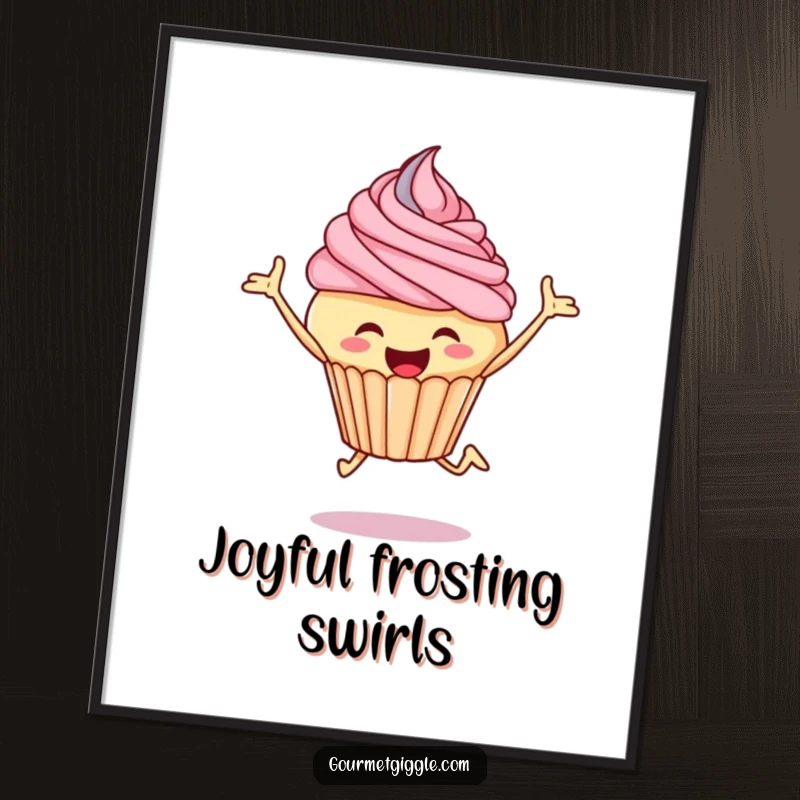 Funny cupcake poster capturing a joyful cupcake leaping high with swirls of frosting, full of energy.