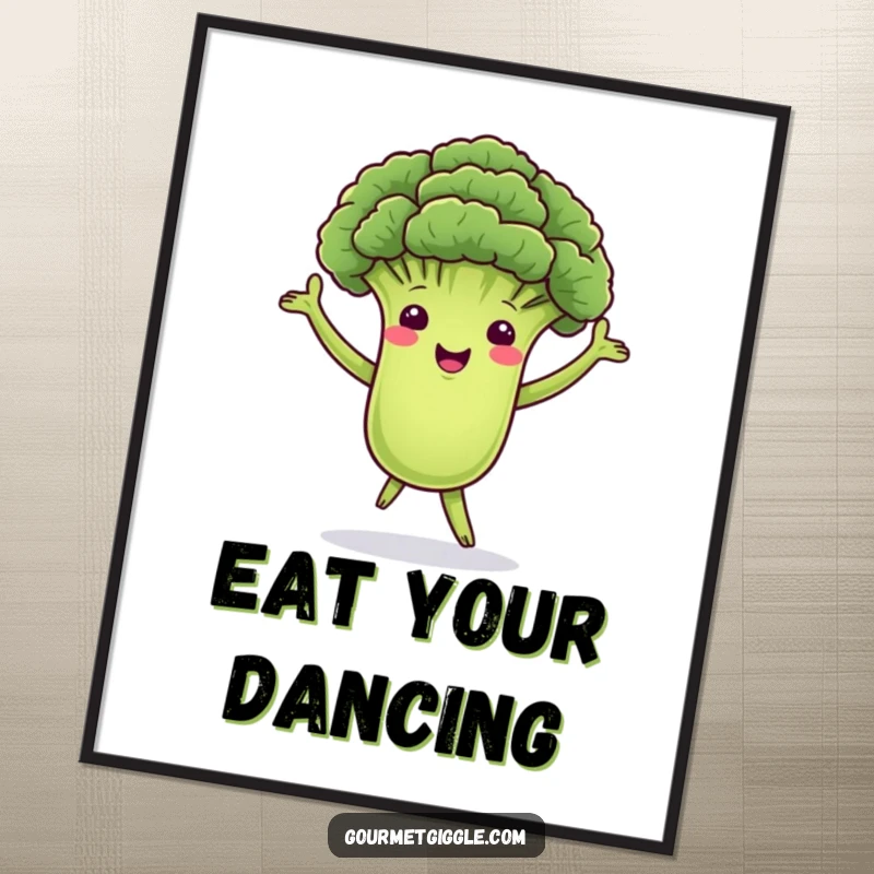 Funny poster featuring a dancing broccoli floret with green arms, swaying merrily, perfect for adding a cheerful and healthy touch to decor.