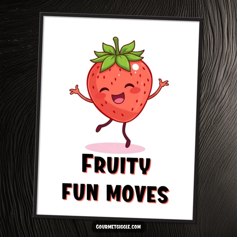 Funny art print of a smiling strawberry with legs dancing happily, bringing joyful fruit fiesta vibes.