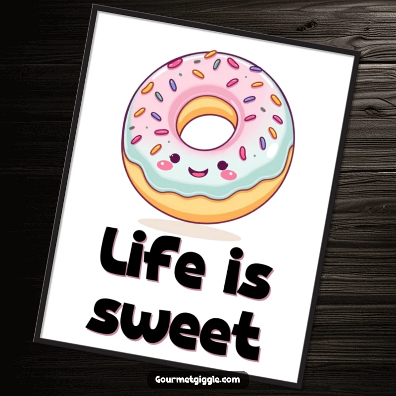 Funny poster featuring a smiling donut with sprinkles, bouncing rhythmically, perfect for adding a cheerful and sweet touch to decor.