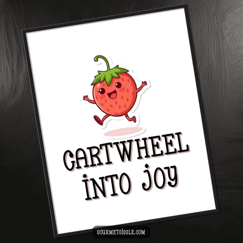 Funny strawberry character poster, a round, cheerful fruit in a dynamic cartwheel pose, perfect for playful decor.