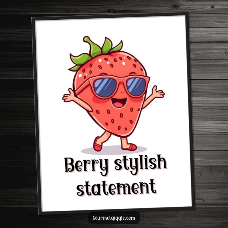 Funny Strawberry Sunglasses Poster depicting a cheerful strawberry dancing with sunglasses, adding a vibrant and joyful element to any room.