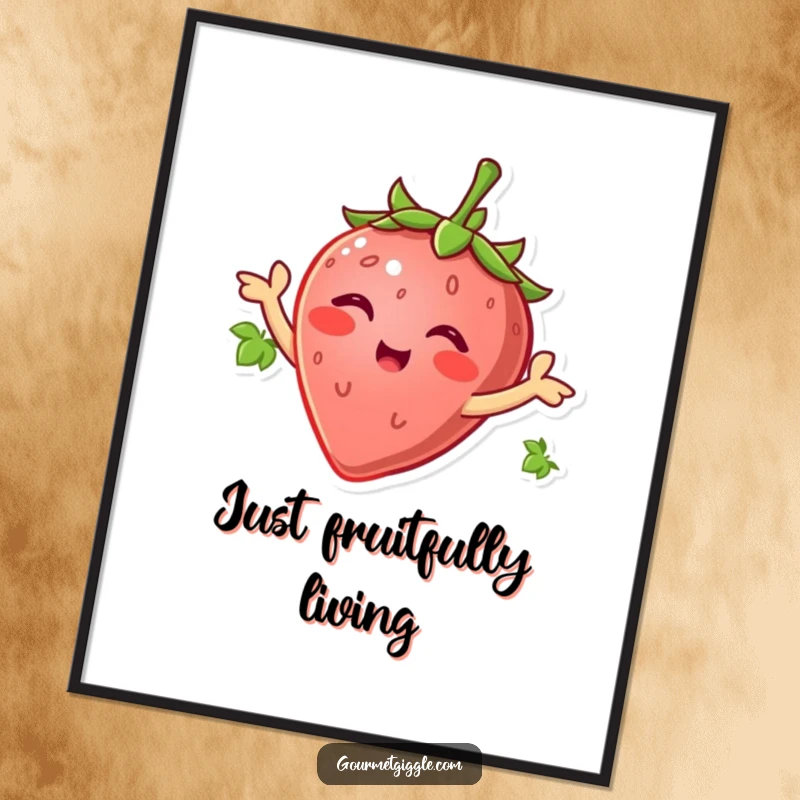 Smiling strawberry wiggling its green leaves like arms, radiating pure joy, vibrant and humorous wall art.