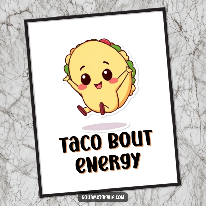 Funny cheerful taco character doing a cartwheel on a poster, energetic food art, perfect for a lively and funny gift.