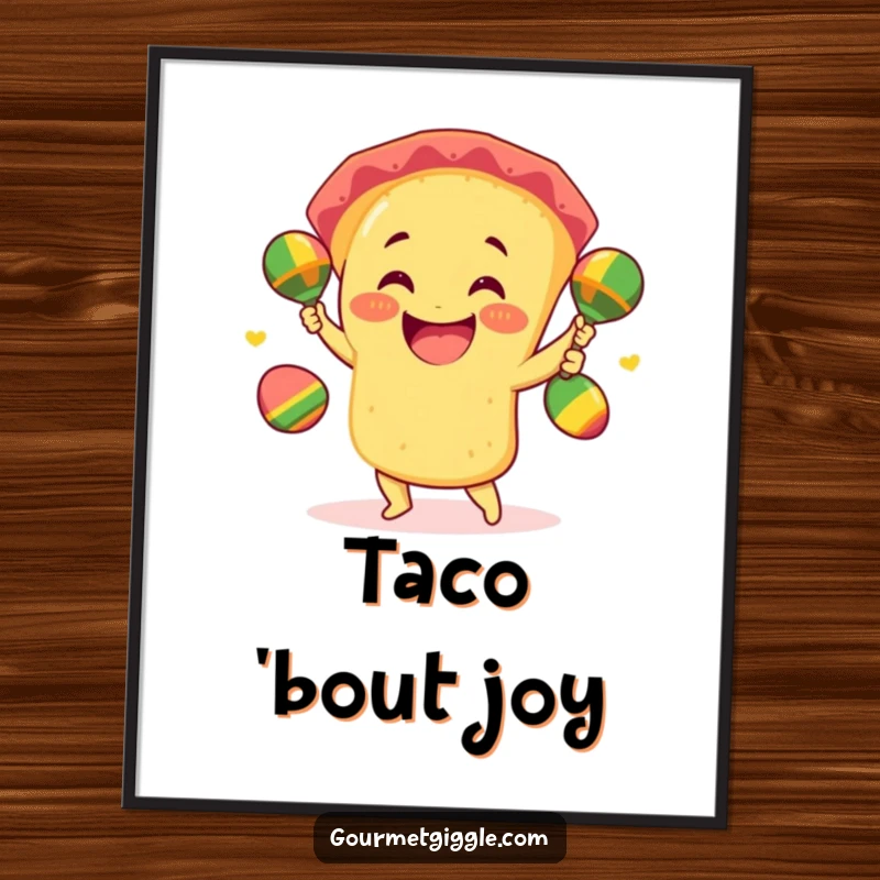Funny taco poster of a smiling taco enthusiastically juggling three mini maracas, radiating giddy excitement and fiesta vibes.