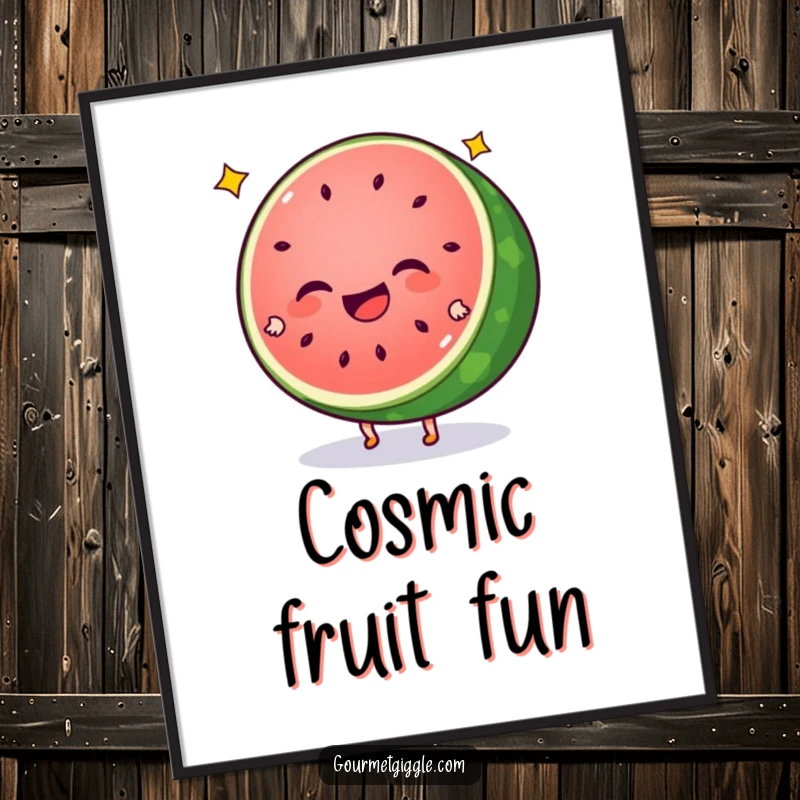Funny watermelon poster featuring a giggling slice with star seeds performing energetic cartwheels. Vibrant and joyful wall decor.