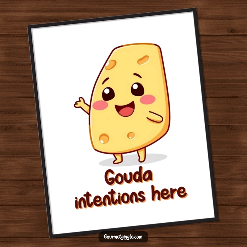 Funny smiling cheese wedge poster, captured mid-shimmy, cheerful dairy design, adds a humorous and appetizing touch to any wall.
