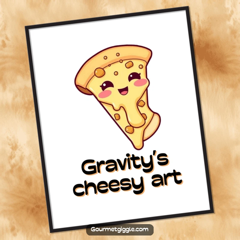 Funny poster art of a grinning pizza slice with its cheesy topping comically sliding off, a delicious and humorous wall decoration.