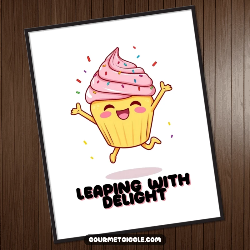 Funny cheerful cupcake doing a joyful leap with sprinkles flying, depicted vibrantly in this poster.