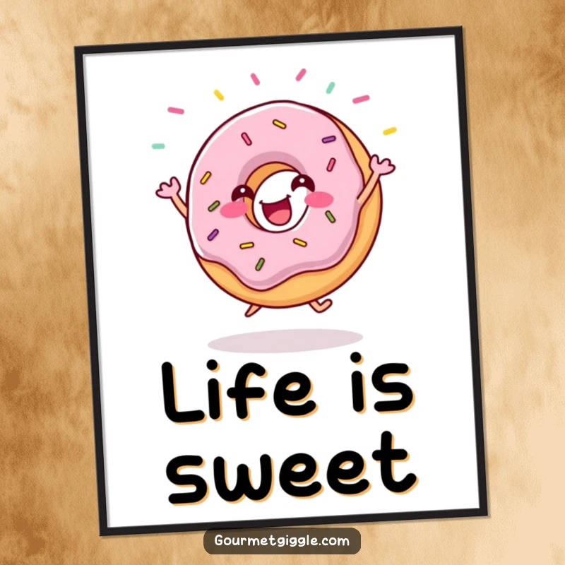 Funny donut poster showing a gleeful donut performing a lively jig, with colorful sprinkles scattered in the air. A sweet and fun artwork.