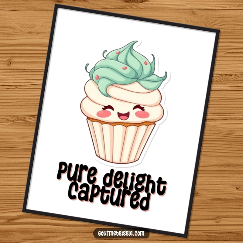 Funny cupcake poster showing a vibrant, spinning cupcake with elaborate frosting hair, radiating joy and energy. A delightful piece of wall art.