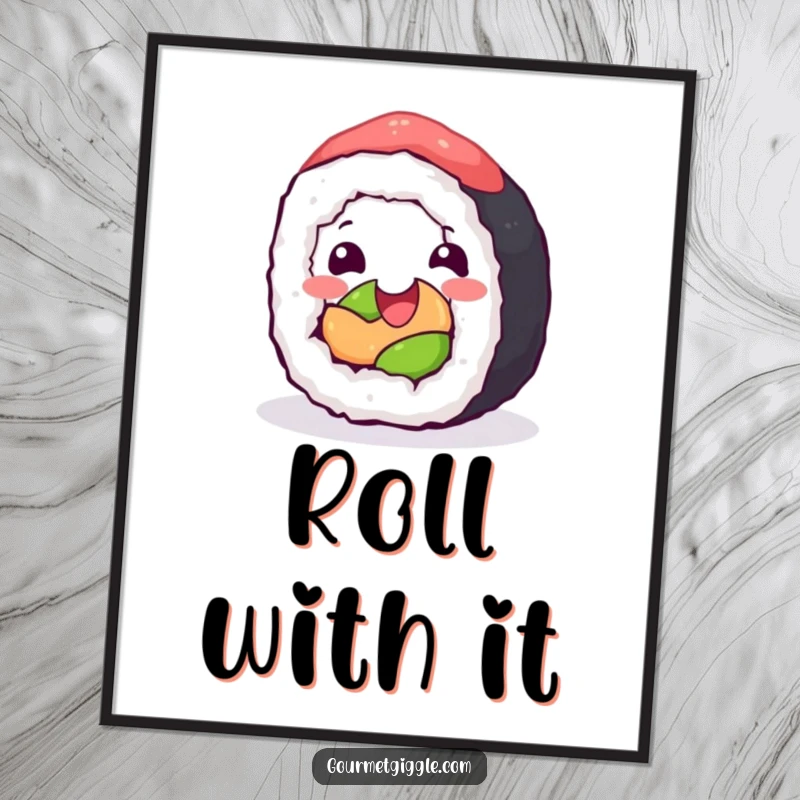 Funny Poster: A happy sushi roll captured mid-roll, radiating pure glee and delicious culinary joy.