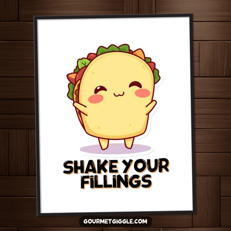 Funny Taco Poster: A vibrant illustration of a happy taco doing a spirited shimmy, its filling wiggling, creating a humorous and appetizing wall decoration.