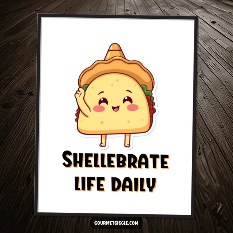 Funny Taco Sombrero Poster depicting a happy taco in a sombrero energetically tapping its shell, bringing festive cheer to any room.