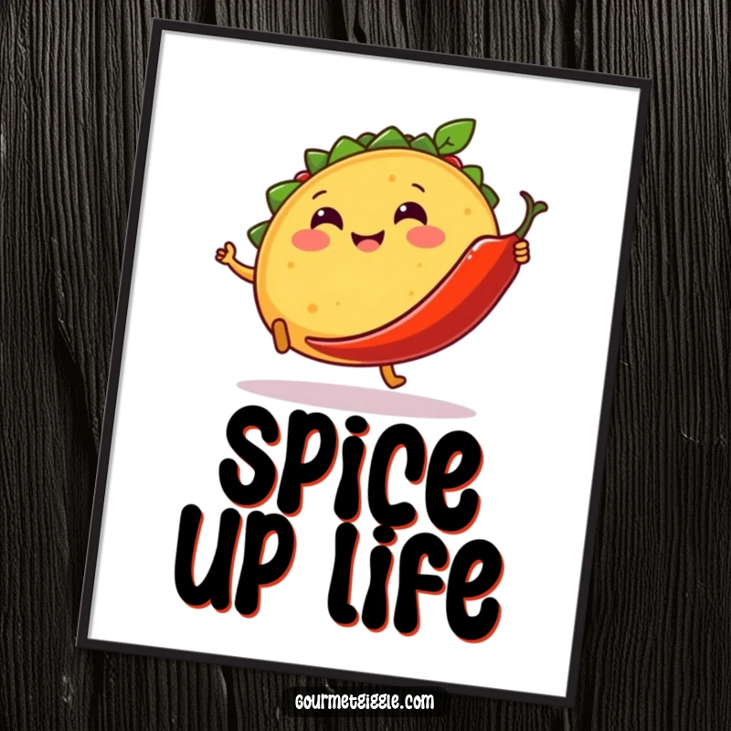 Funny poster art of a smiling taco kicking a dancing chili pepper, celebrating food, dance, and humorous fiesta vibes.