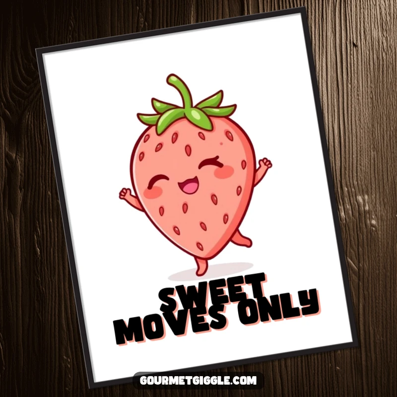 Funny winking strawberry poster, dynamic twirl motion captured, cheerful fruit illustration, adds a humorous and artistic touch to any wall.