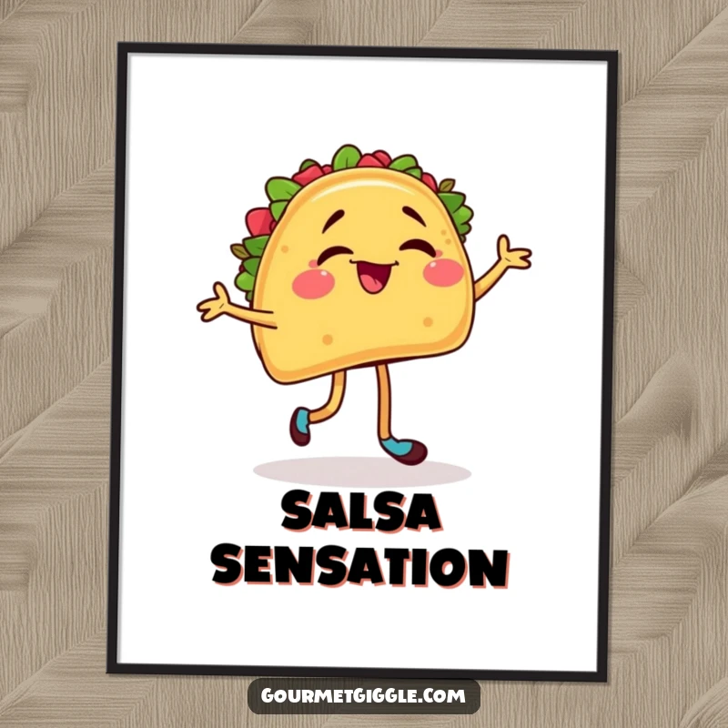 Funny poster capturing a winking taco enthusiastically salsa dancing, exuding vibrant energy and Mexican food culture.