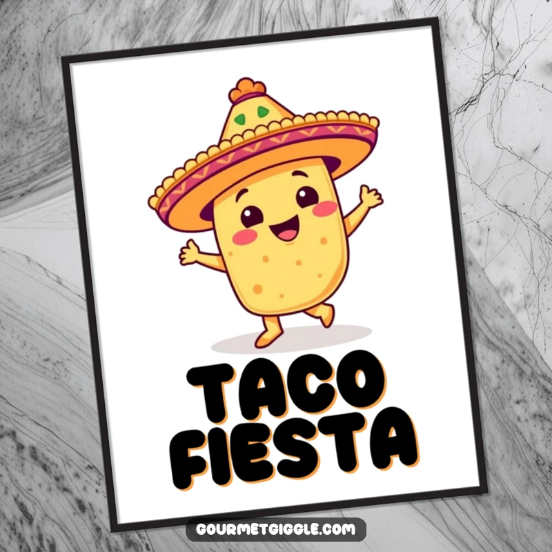 Funny poster art of a beaming taco wearing a festive sombrero, doing a salsa step, perfect for vibrant decor.