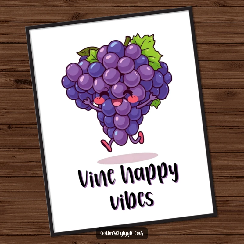 Funny poster depicting an exuberant bunch of grapes performing a joyful hop, full of fruity energy and happiness.