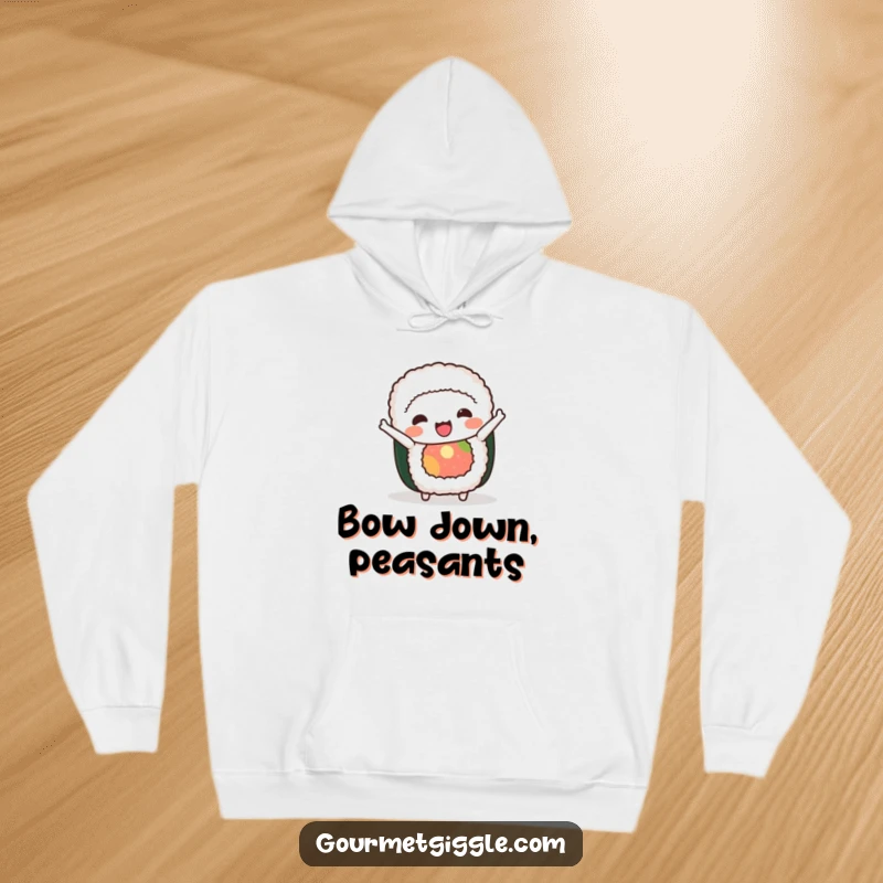 Funny sushi roll hoodie featuring a cute character in a whimsical bow, offering warmth and a humorous visual for all ages.