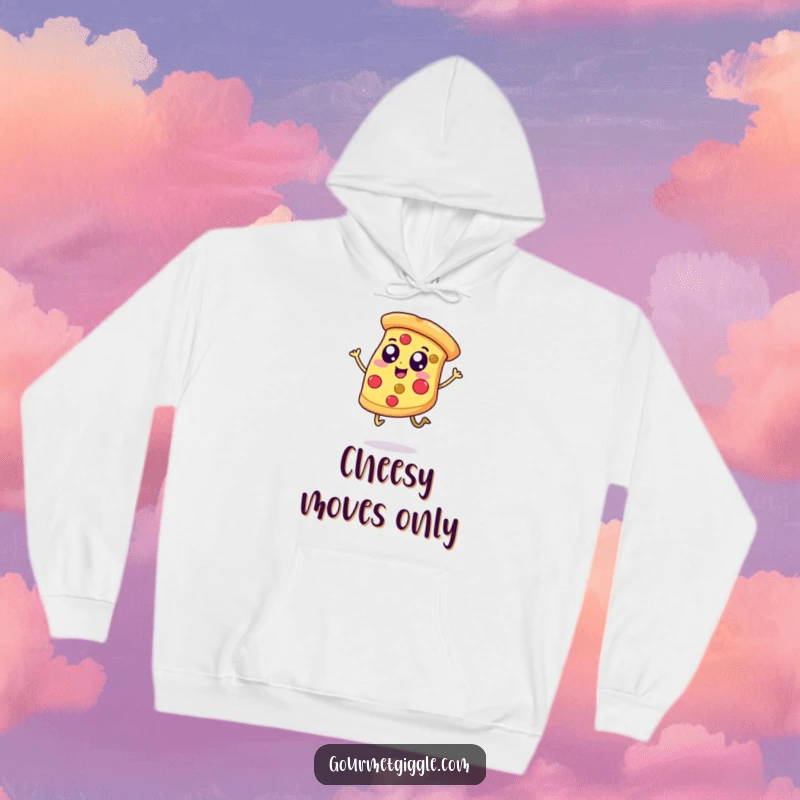 Funny hoodie featuring a happy, jumping pizza slice with legs, perfect for cozy nights and spreading cheesy cheer.