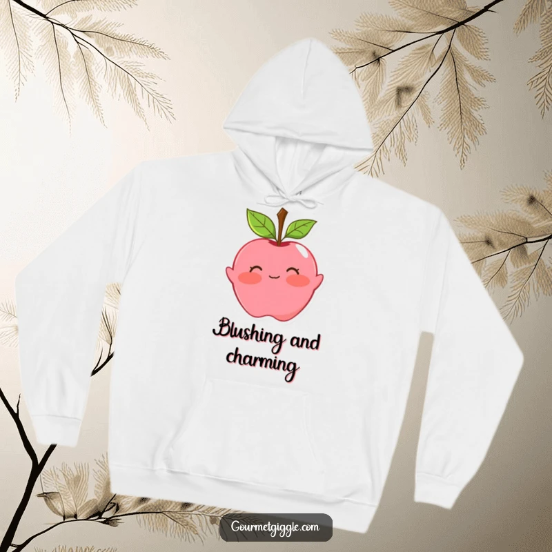 Funny apple hoodie with a blushing face and leaf hair, performing a playful curtsy. Soft, warm, and delightfully charming.