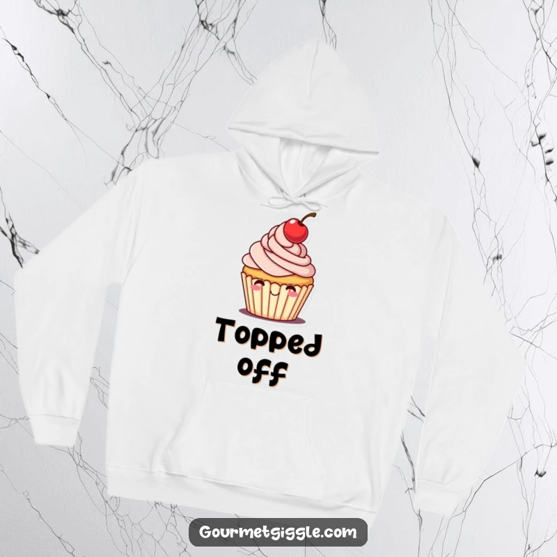 Funny hoodie featuring a cheerful cupcake with frosting and a cherry tipping its hat, providing warmth and sweetness.