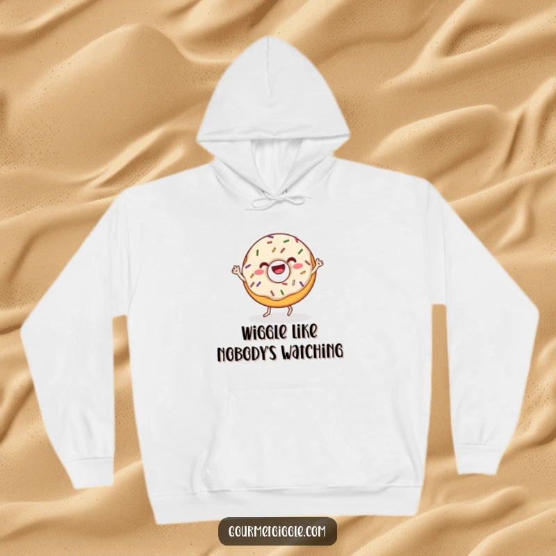 Funny donut hoodie with sprinkles doing a joyful wiggle dance, offering warmth and a delightful dose of humor. A sweet and energetic design.