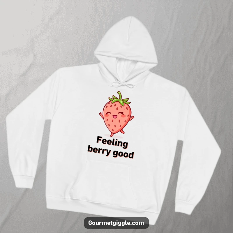 Funny winking strawberry hoodie, cozy and warm, depicted in a playful twirl with a wink, great for autumn and winter humor.
