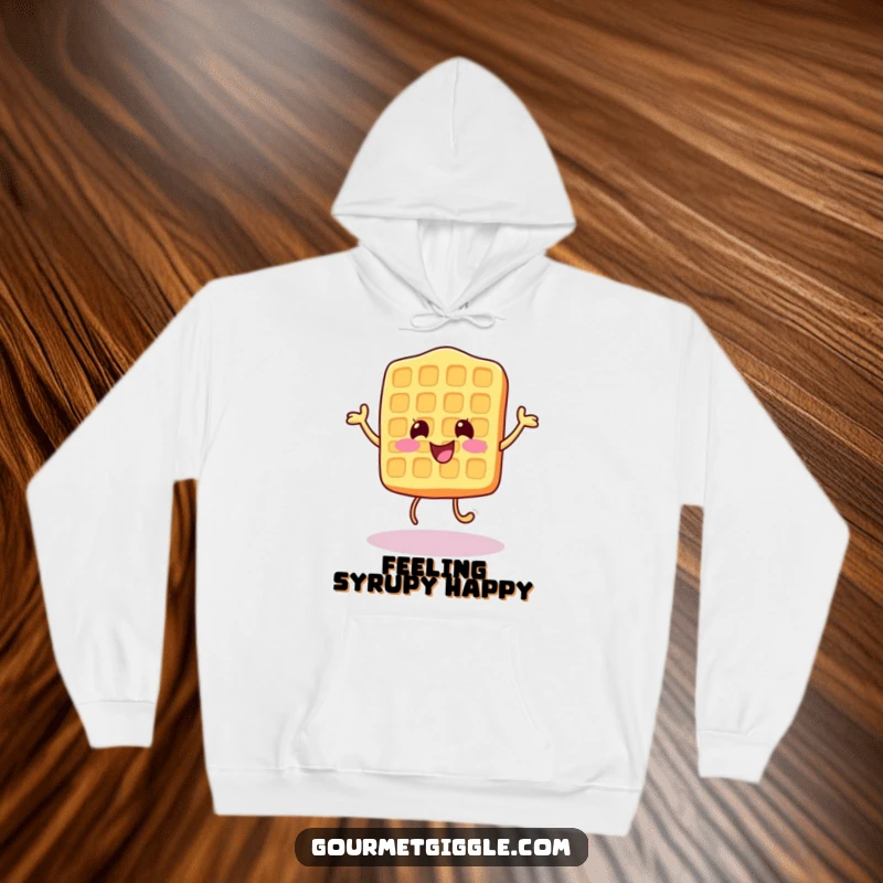 Funny Hoodie displaying a cheerful waffle character in a happy little bounce, perfect for cozy mornings.
