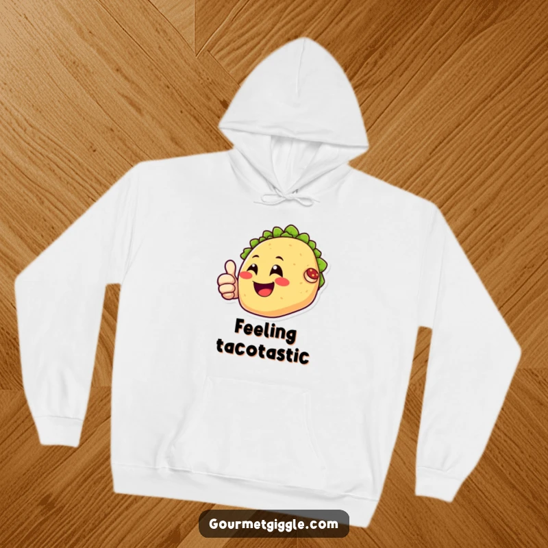 Funny hoodie with a smiling taco character giving an enthusiastic thumbs up, perfect for cozying up with a smile.