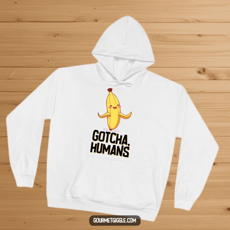 Funny Banana Peel Hoodie: A comfortable hoodie featuring a grinning banana peel in a comically slippery pose, bringing warmth and humor.