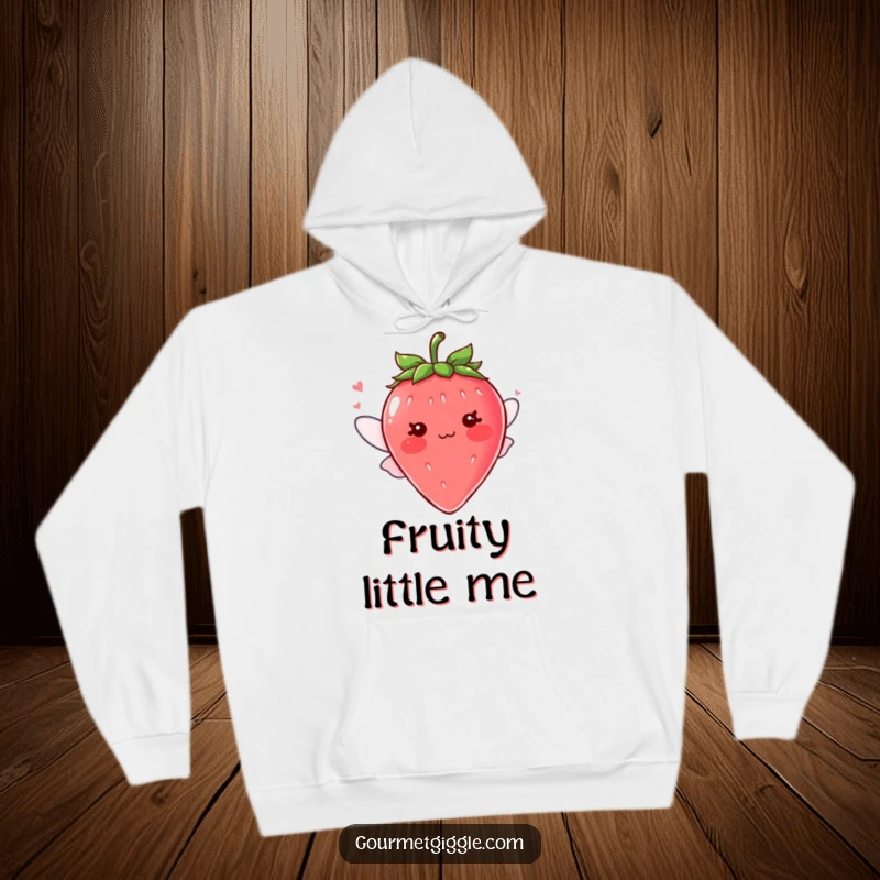 Funny blushing strawberry character with tiny fluttering wings on a hoodie, a cozy and cute design, perfect for a funny gift.