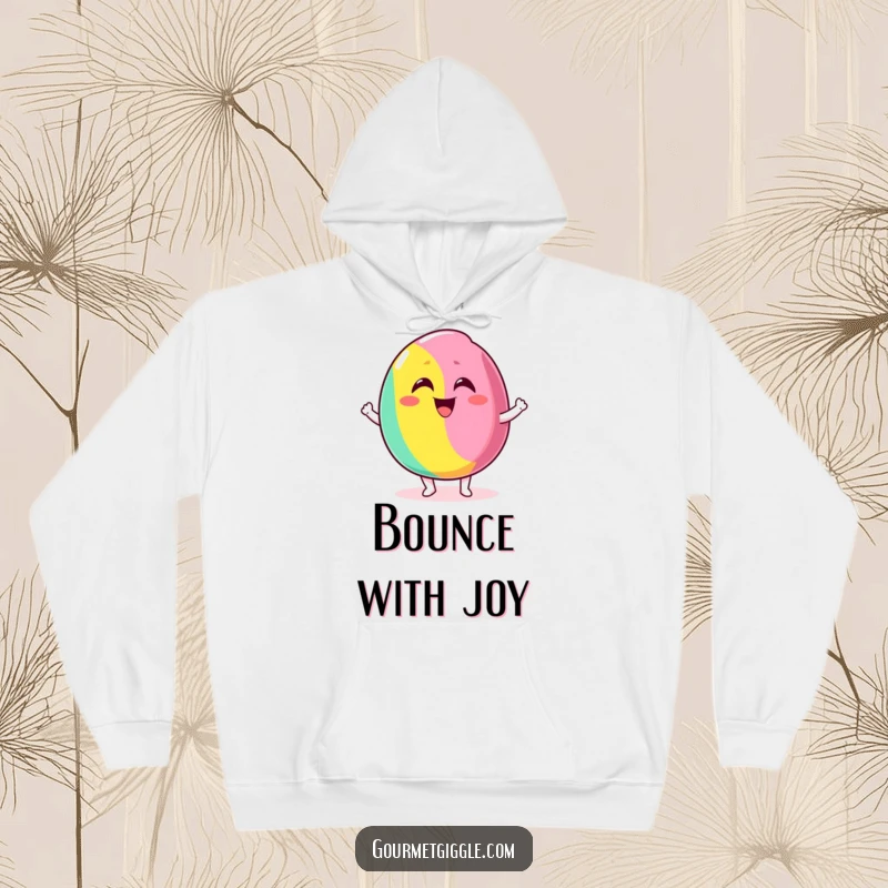 Funny hoodie showcasing a delighted candy bouncing excitedly with a silly grin, offering cozy sweetness and humor.
