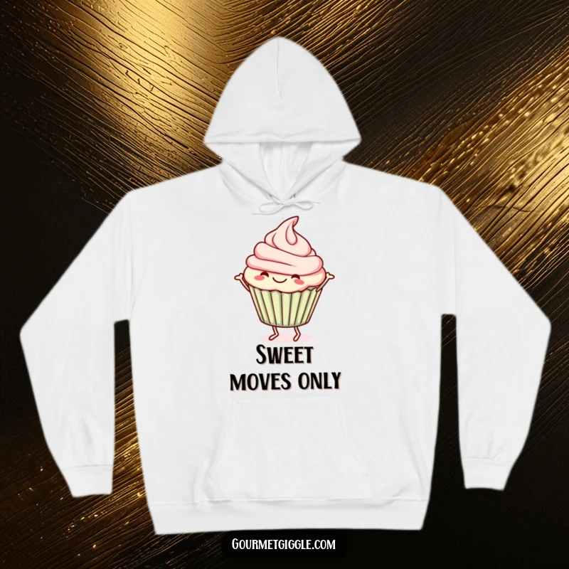 Funny Hoodie featuring a happy cupcake doing a spirited jig, radiating fun and sweetness.