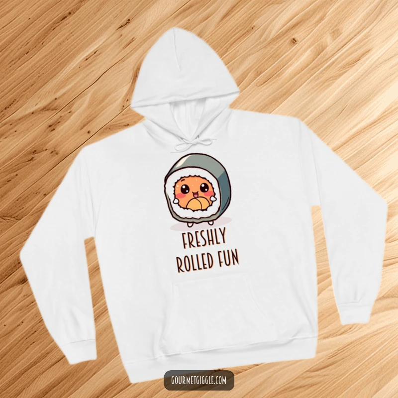 Funny delighted sushi roll with expressive eyes, joyfully dancing on a comfortable and warm hoodie.