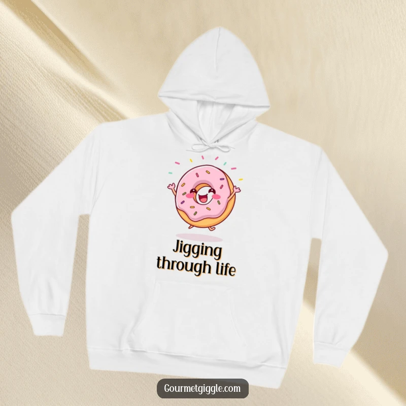 Funny donut hoodie showcasing a gleeful donut doing a happy jig, with sprinkles flying in a festive motion. Soft and warm.