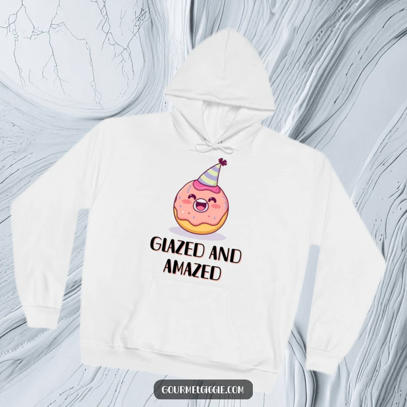 Funny delighted donut character wearing a tiny party hat on a hoodie, a cozy and festive design, ideal for a funny gift.