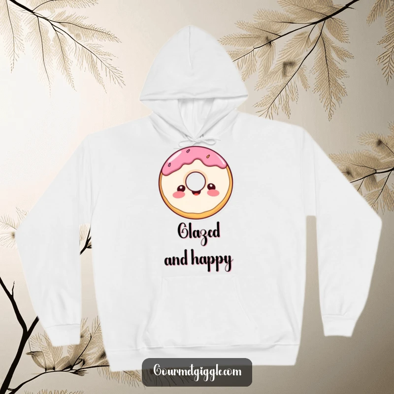 Funny donut character hoodie, a cheerful, round donut with a delighted expression, designed for warm, sweet comfort.