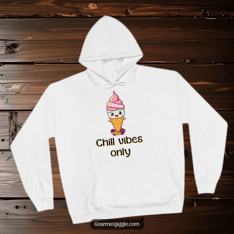 Funny hoodie featuring a cheerful ice cream cone scooting merrily on its waffle base, perfect for cozying up and spreading sweet cheer.