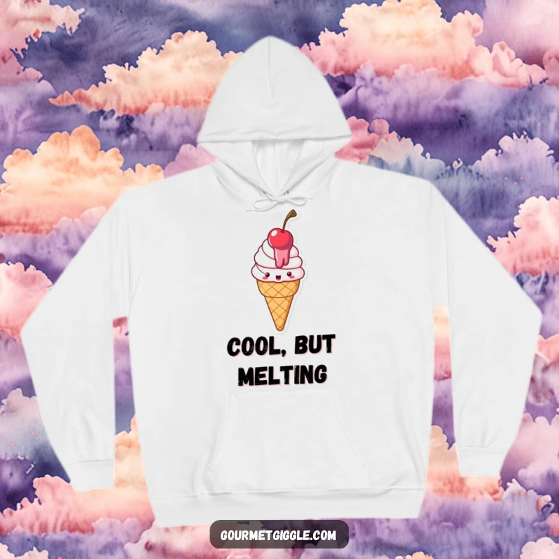 Funny Hoodie depicting a cheerful, slightly melty ice cream cone with a cherry, offering comfort and humor.