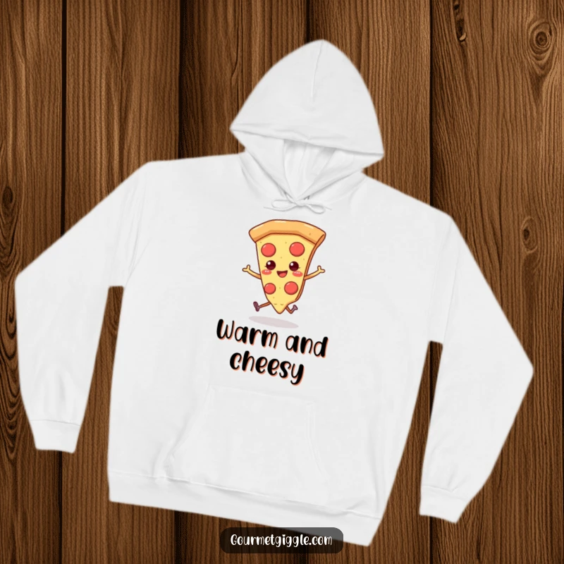 Funny pizza hoodie featuring a smiling slice of pizza with tiny legs, skipping merrily for ultimate cozy vibes.