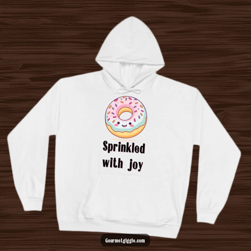 Funny hoodie featuring a smiling donut with sprinkles, bouncing happily, perfect for cozying up and spreading sweet vibes.