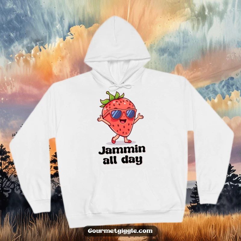 Funny Strawberry Sunglasses Hoodie showcasing a cheerful dancing strawberry wearing cool sunglasses, offering warmth and a dash of playful style.