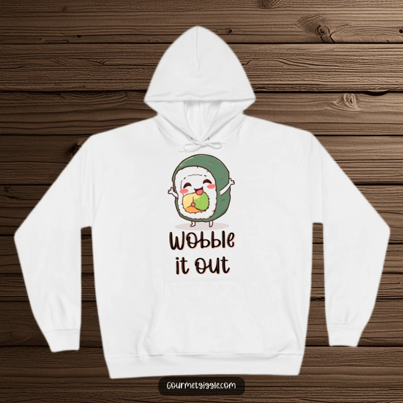 Funny sushi roll character hoodie, a wobbling roll performing a hilarious dance, designed for cozy entertainment.