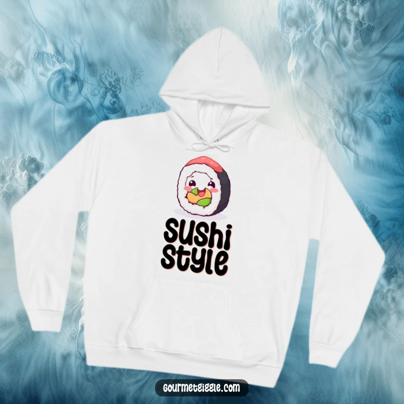 Funny Hoodie: A happy sushi roll rolling with glee, offering cozy warmth and joyful, culinary vibes.